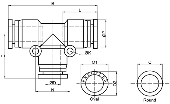 drawing of union tee push to connect fitting